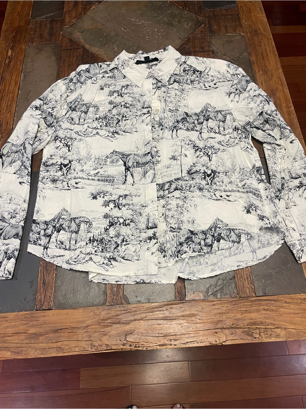 Jane and Delancey White Blouse with Black Scenic Horse Print